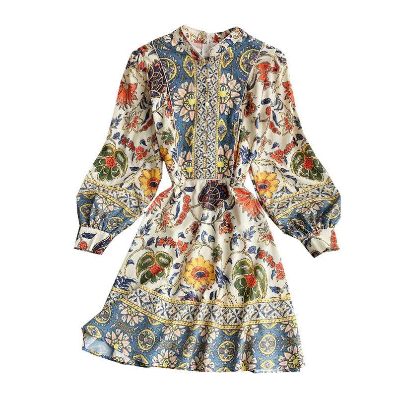 

Women Print Dress High Waist A-Line V-Neck Knee-Length Long Puff Sleeve Button New Autumn Vintage Fashion Elegant Female Dresses