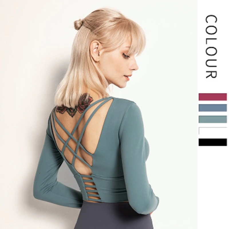 Женская спортивная рубашка с длинным рукавом бесшовная укороченная майка для