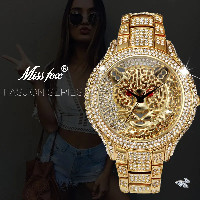 MissFox Miss Fox Брендовые женские часы Роскошные Кварцевые женские часы с тигром повседневные наручные часы из натурального серебра и золота