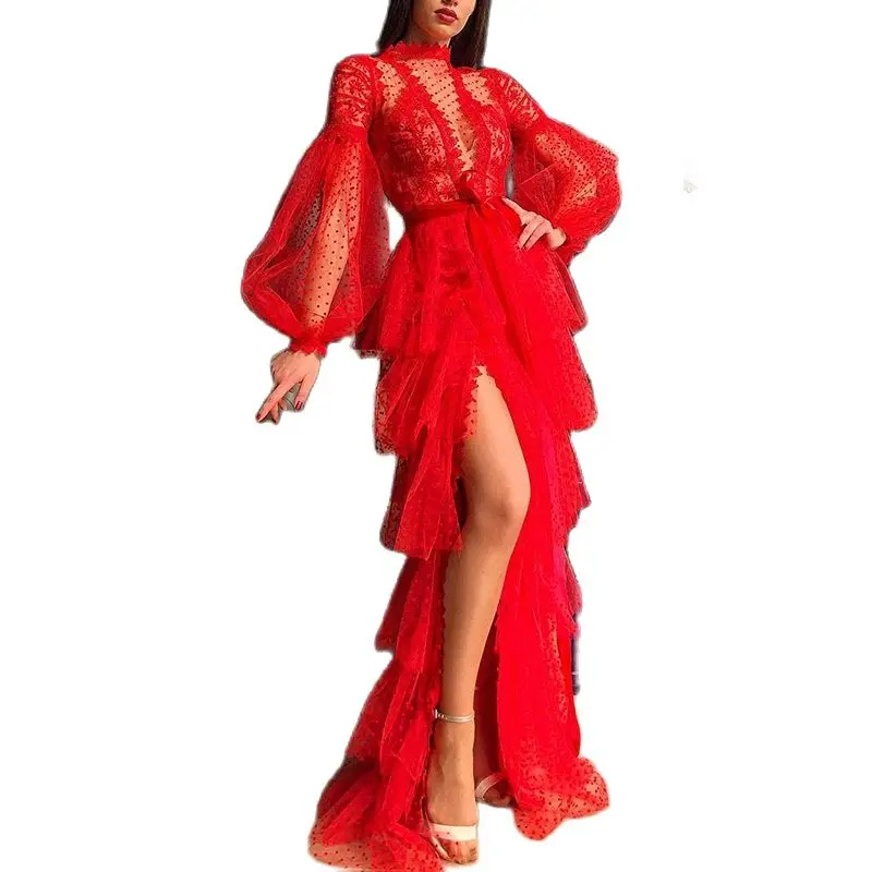 

Party Dresses Women Evening Elegant 2021 Summer Lantern Sleeve Cascading Ruffle Maxi Dress CelebrIty Transparent Mesh Dress