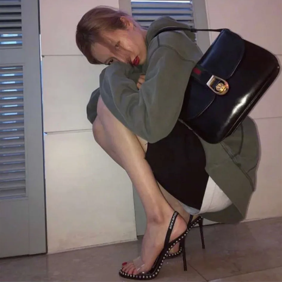 

Sling Kitten-heel Sandals Beads Peep Toe Pumps 2020 Convertible Catwalks Transparent Metal Summer Women Thin Heels Cover Heel