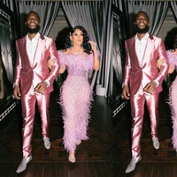 shiny pink customize men suits 2 pieces slik satin wedding tuxedos one button formal groom prom party blazer pants