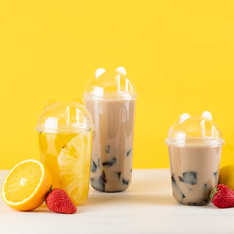 

50pcs 95 caliber panda cover milk tea coffee disposable plastic transparent cup 360ml/500ml/700ml birthday party favors cups