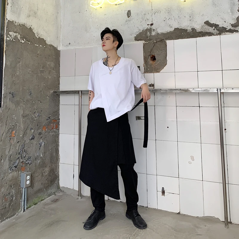 

Men Streetwear Hip Hop Japan Style Irregular Fake 2PCS Splice Loose Casual Harem Pant Male Gothic Kimono Skirt Trousers