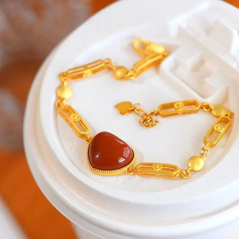 

Classic Southern Red Agate Heart Bracelet Ancient S925 Sterling Silver Gilding Bracelet Fashion All-Matching Hot Selling Bracele