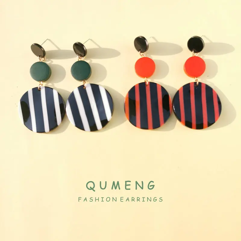 Женские большие круглые серьги QUMENG корейские длинные гвоздики в полоску черного