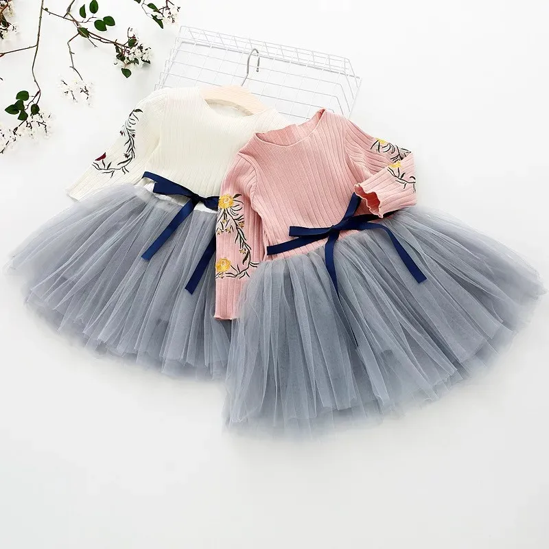 Autumn Knitted Dresses Baby Girl Dress Embroidery Flower Infant Toddler Party Tutu Ball Gown Birthday | Детская одежда и обувь