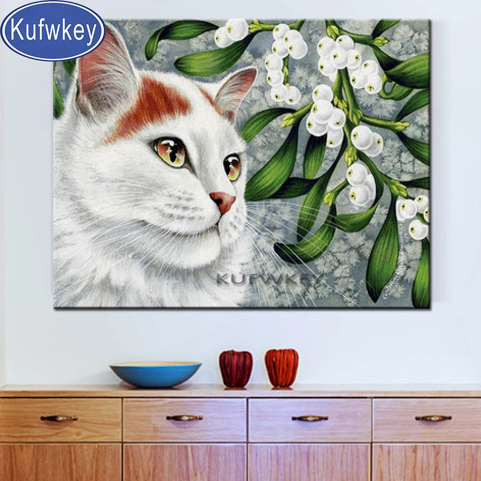 Большие глаза белой кошки алмазная живопись полный квадратный круглый сверловка животное цветочный узор рукоделие вышивка ручной работы подарок.