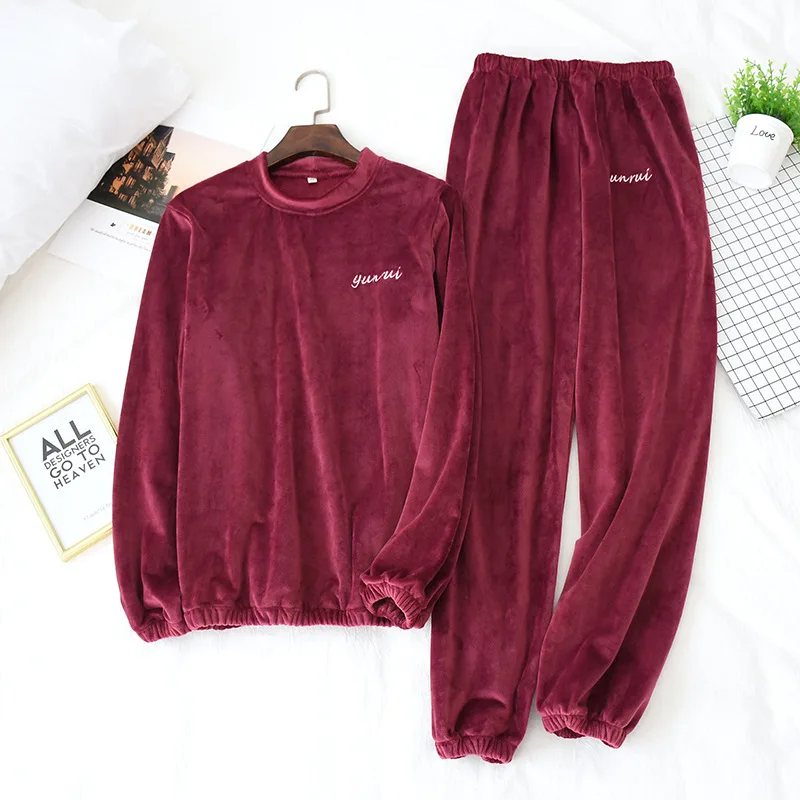 Two Piece Pajama Set Sleepwear Couple Pajamas Set Plush Loose Simple Home Service Suit Solid Color Round Neck Schlafanzug