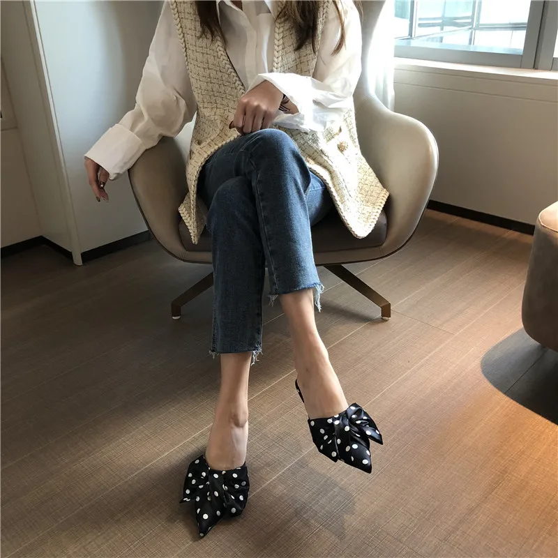 

2021 New Spring Slippers Women's Korean-Style Pointed Polka Dot Bow Stiletto Mid-Heel Low Heel Slippers Polka Dot Half Slippers