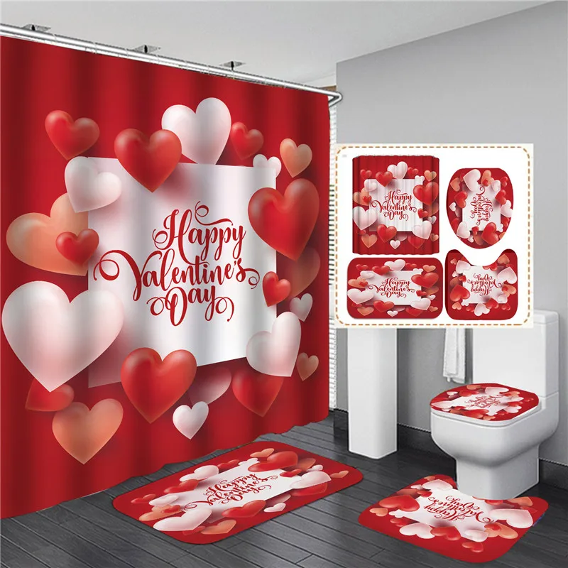 love heart valentines day shower curtains bathroom rugs sets red rose flowers home hotel decor toilet lid mat floor door carpet free global shipping