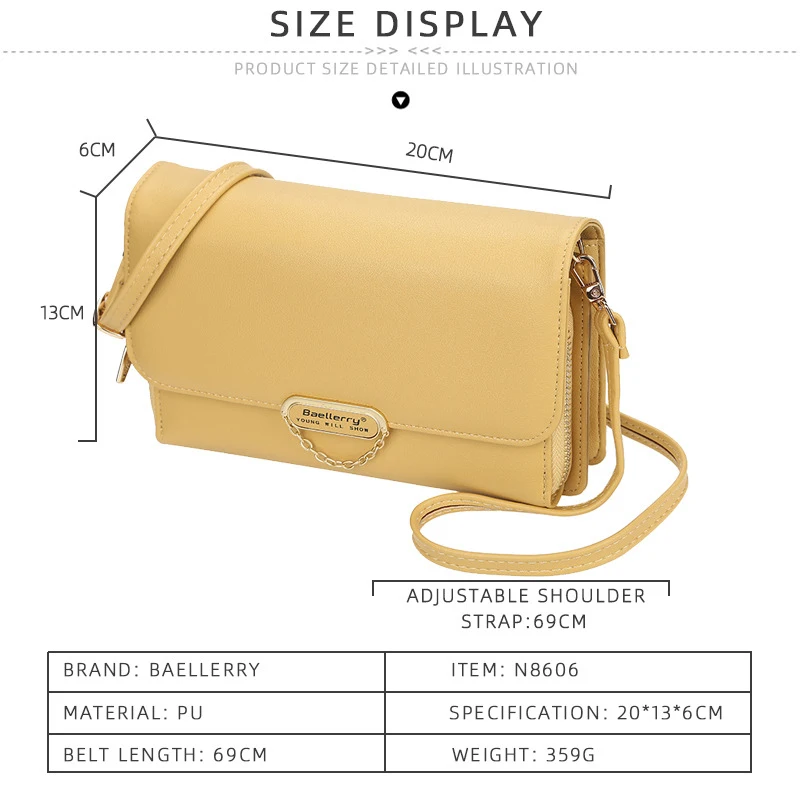 Baellerry Women Messenger Bag Solid Color Zipper Pocket Shoulder Bag Cards Holder Long Wallet Fashion Female Clutch  for Daily
