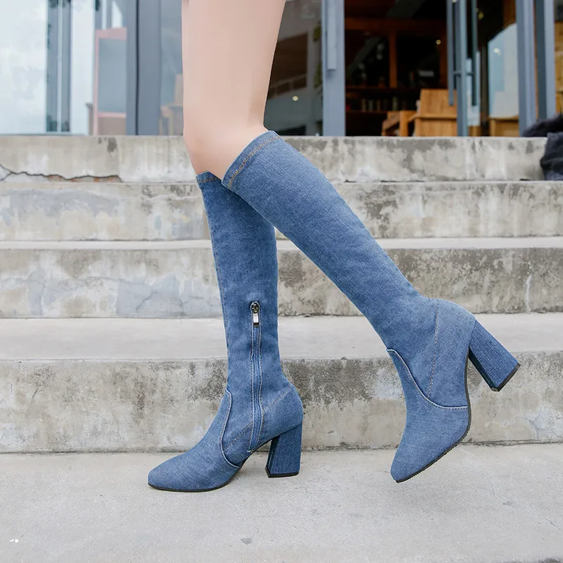 

2021 new Winter Knee-length Boots Women denim Women Thick heel boots Sexy Middle tube Woman Shoes Long Bota Feminina size 35-40