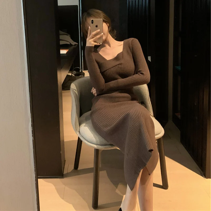 

CMAZ Dress For WomenFrench Minority Match with Coat Overknee Base Sweater Skirt Autumn and Winter Younger Fashion Slim Knit Dre