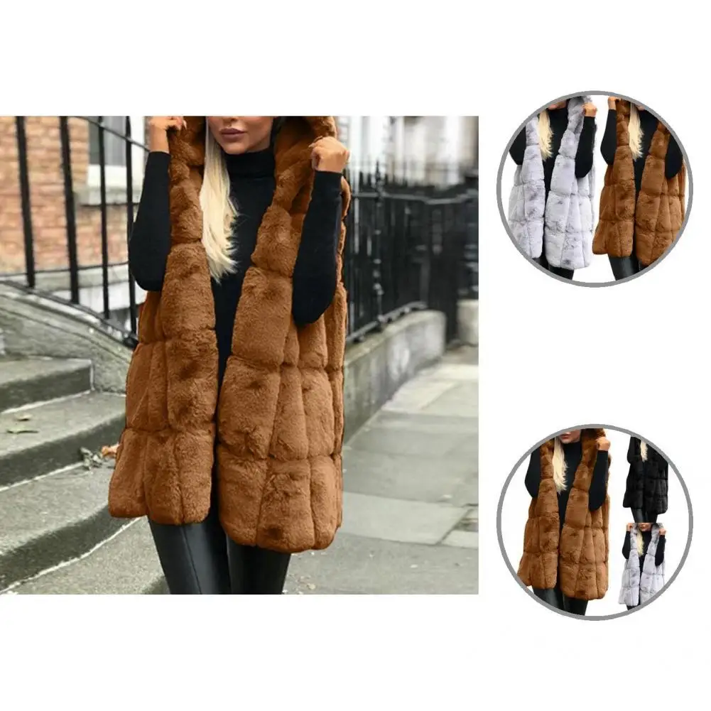 

Breathable Fashion Hooded Solid Color Fluffy Vest Imitation Fur Winter Waistcoat Loose for Outdoor