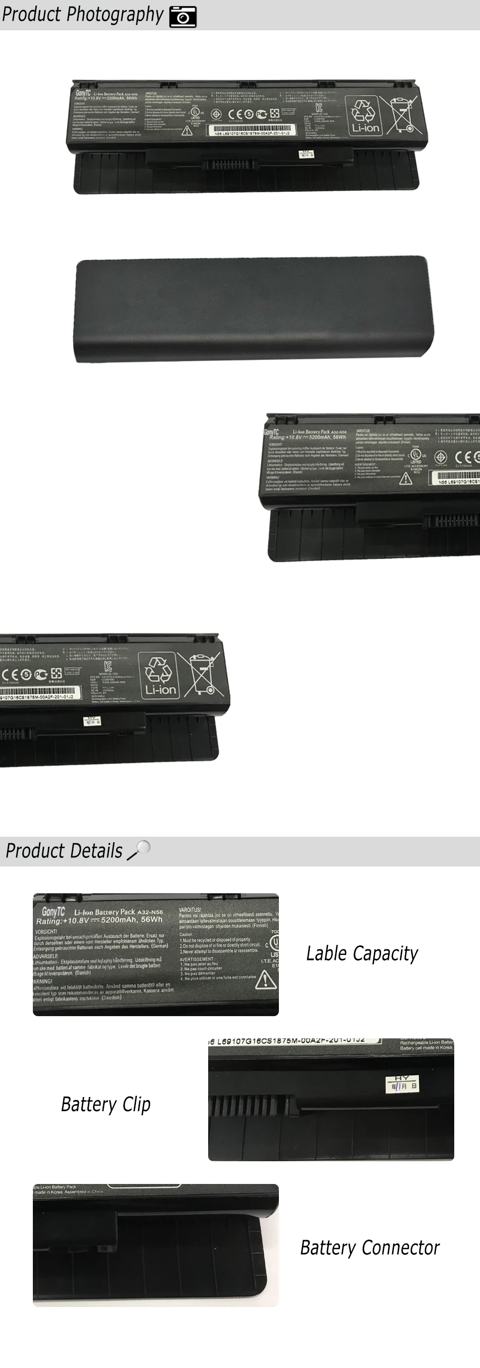 GONYTC 10,8 V 5200 мА/ч, A32-N56 Батарея для ASUS N46 N46V N46VJ N46VM N46VZ N56 N56V N56VJ N56VM N76 A31-N56 A33-N56