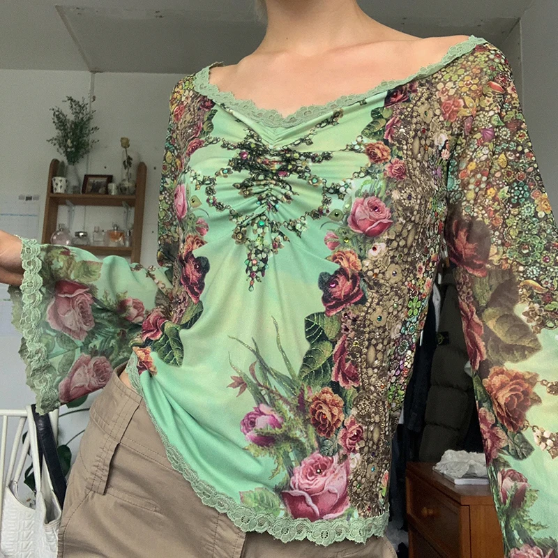 

H&JACKY Aesthetic Floral Printed Women T-Shirts Flare Long Sleeve Elegant Vintage Female V Neck Y2K Tops Harajuku Casual Shirts