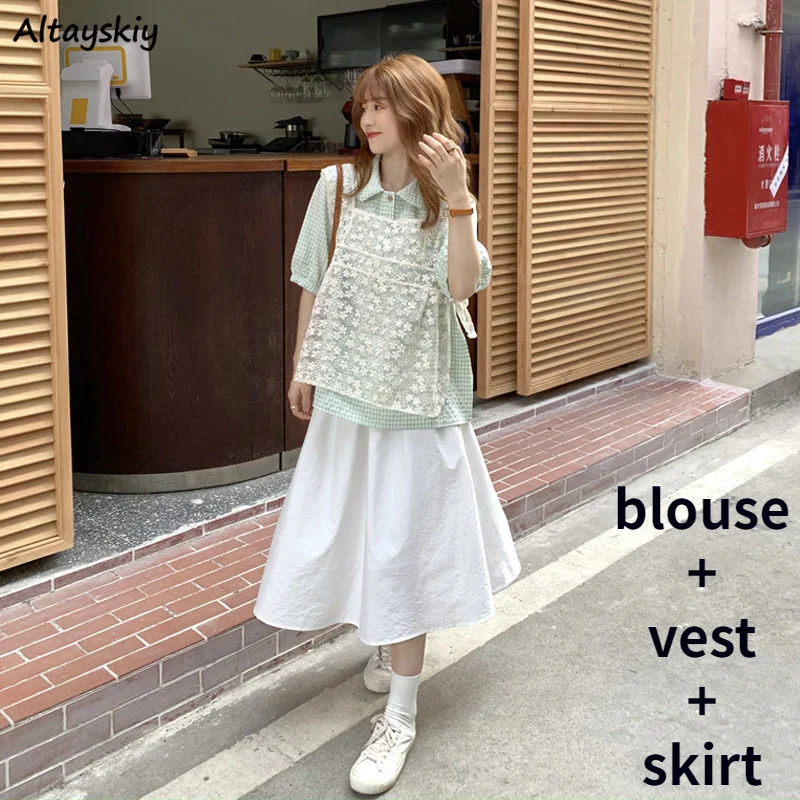 

3 Piece Sets Women Half Sleeve Plaid Blouse Summer Lace Design Vest Tender Girls Trendy Ins and Skirt All-match Soft Outfits New