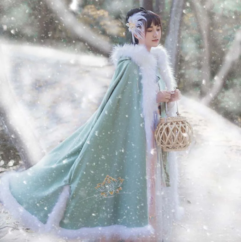 

Women Hanfu Cloak Chinese Traditional Winter Warm Green Hooded Cloak Cape Hanfu Female Carnival Cosplay Costume Gift For Women