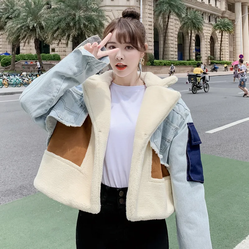 

Зимнее плотное пальто HAOOHU, куртка для женщин, Модная Джинсовая уличная одежда в стиле пэчворк, короткая флисовая куртка с длинным рукавом, г...