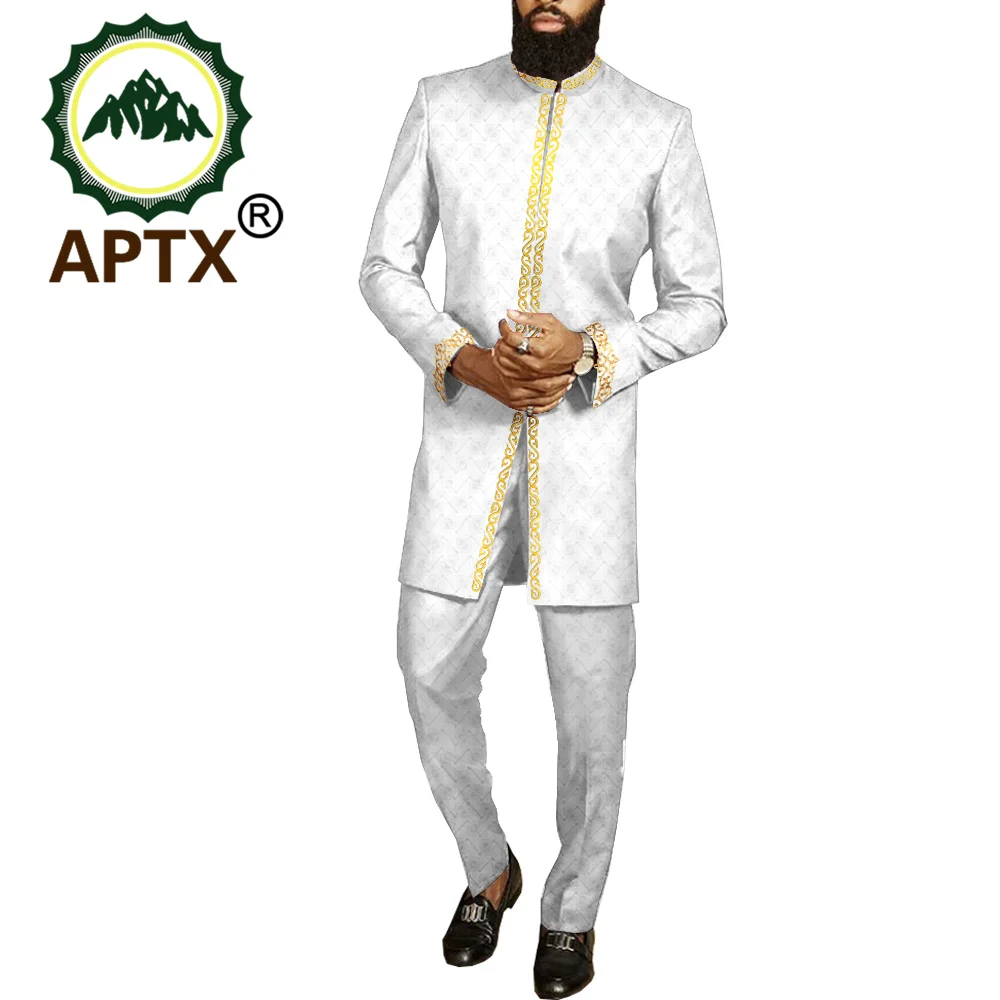 

Африканский жаккардовый костюм для мужчин APTX, длинный жакет с аппликацией по индивидуальному заказу + длинные брюки, T2016017
