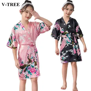 Детская Шелковая пижама, летний халат для девочек, ночная рубашка с павлином для девочек-подростков, банный халат, детский халат, шелковые халаты для девочек