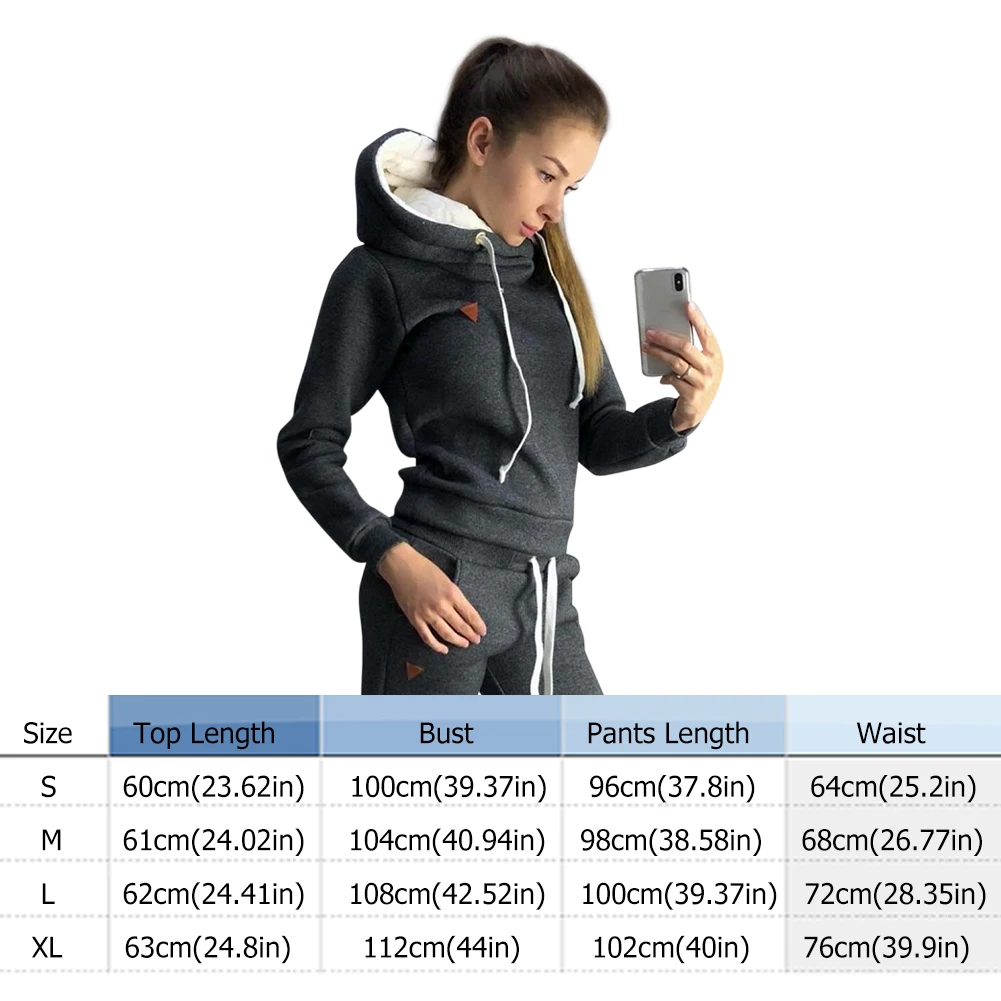 

2pcs Women Winter Fashion Hoodie Hooded Tops Long Pants Set Fleece Drawstring Suit Solid Color Warm Outfits Slim Fit Clothing