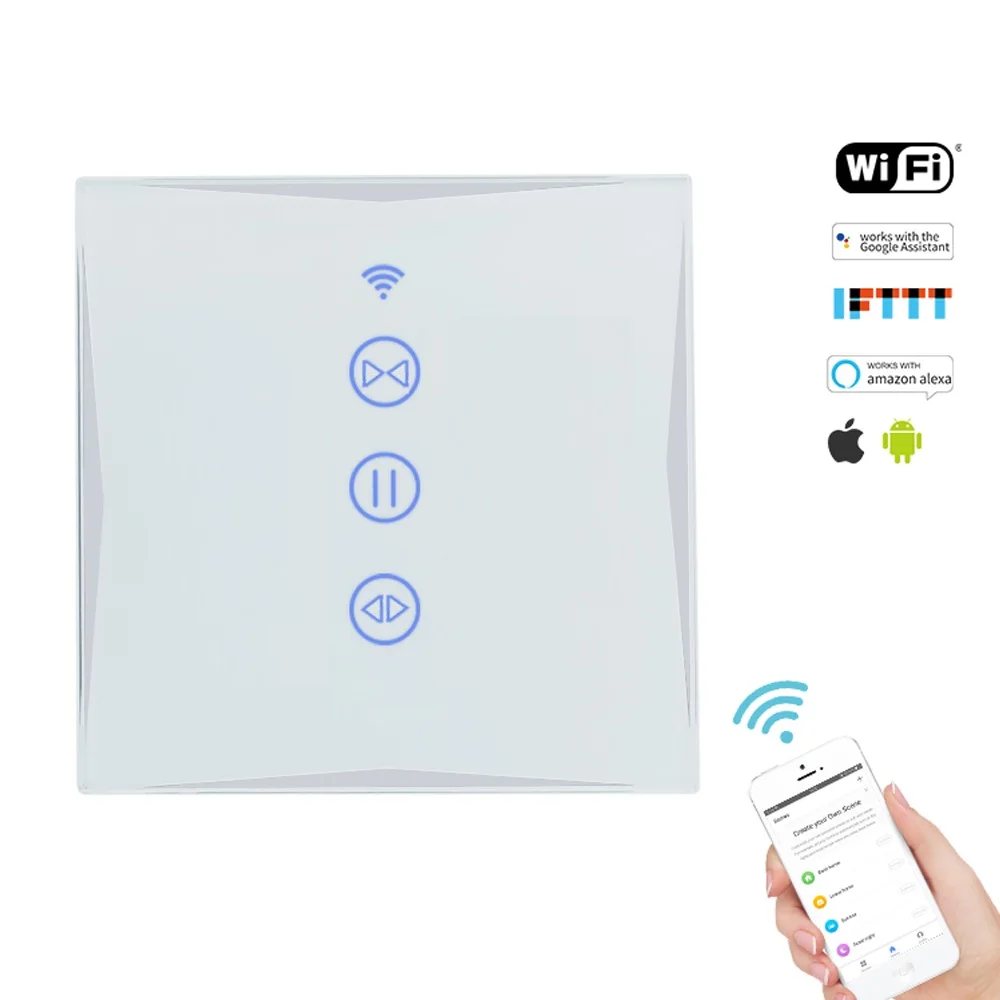 Переключатель занавески Умный дом беспроводной Wifi модуль, ЕС/Великобритания стиль белый стеклянный сенсорный экран, Amazon Echo Alexa Голосовое управление