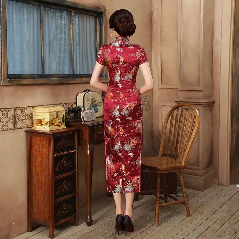 Восточное китайское платье, китайский халат, женское атласное Qipao Vestidos, длинное традиционное платье с цветочным принтом, вечерние платья с воротником-стойкой