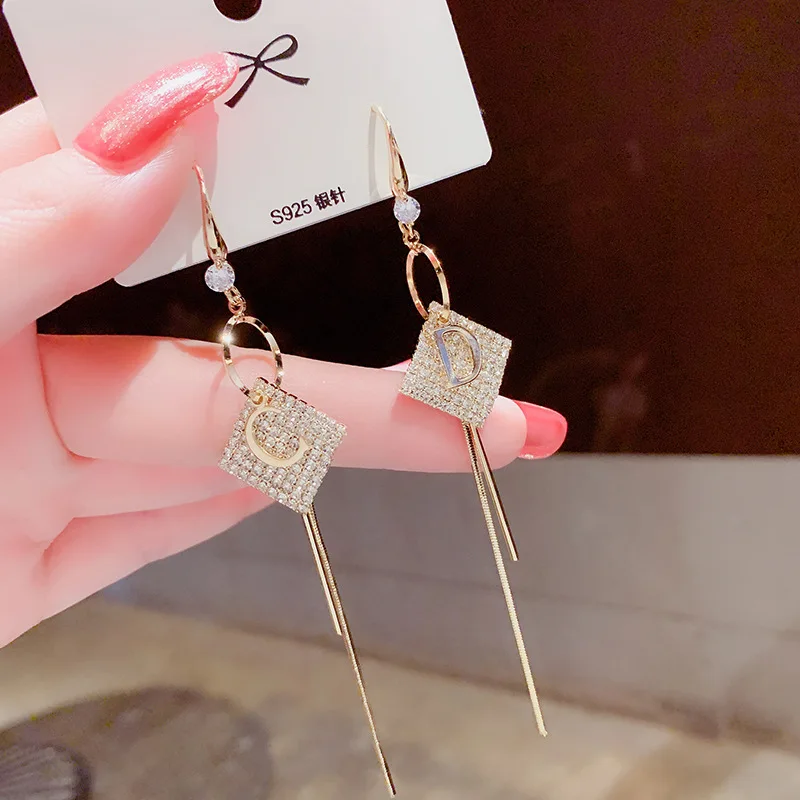 

New D Letter Tassel Earrings for Women Fashion Exquisite 14K Real Gold Crystal Long Pendant Earrings Bridal Wedding Jewelry