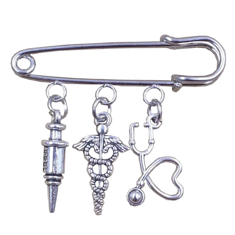 Old-fashioned Retro Silver Plated Brooch Caduceus Doctor Nurse Cap Medical Needle Syringe Stethoscope Women Gift BK029-050