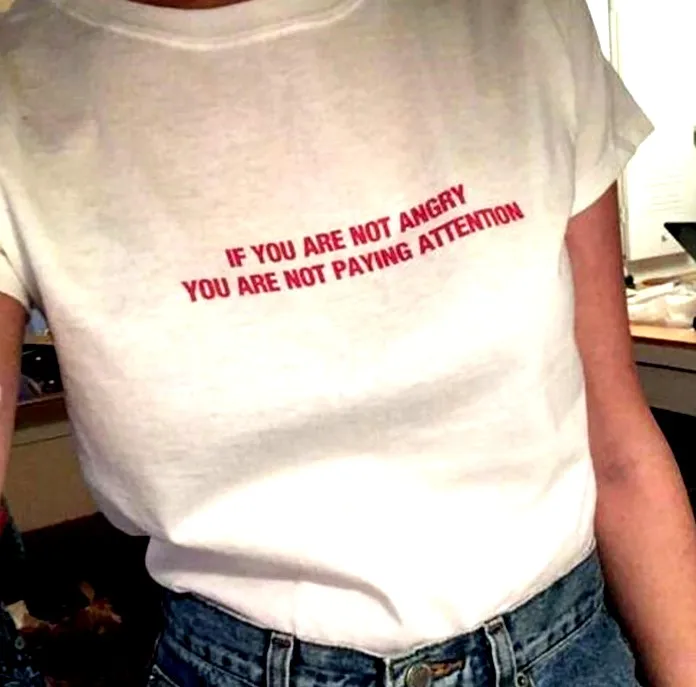 Women's White Harajuku 90s Streetwear T-shirt with Red If You Are Not Angry You Are Not Paying Attention Inscriptions image 3