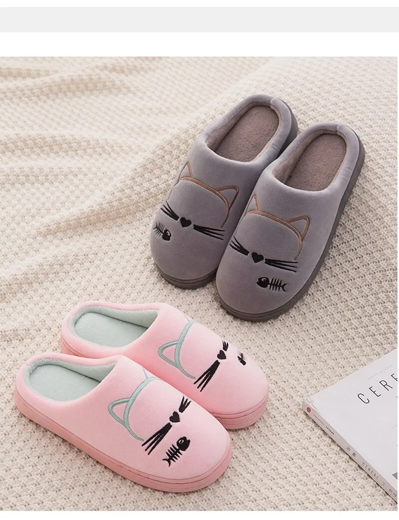 Women Winter Home Slippers Cartoon Cat Shoes Non-slip Soft Warm House Slippers Indoor Bedroom Lovers Couples Shoes