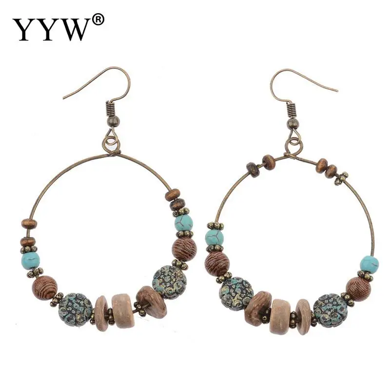 2019 полые круглые бирюзовые деревянные бусины Женские Висячие серьги в богемном