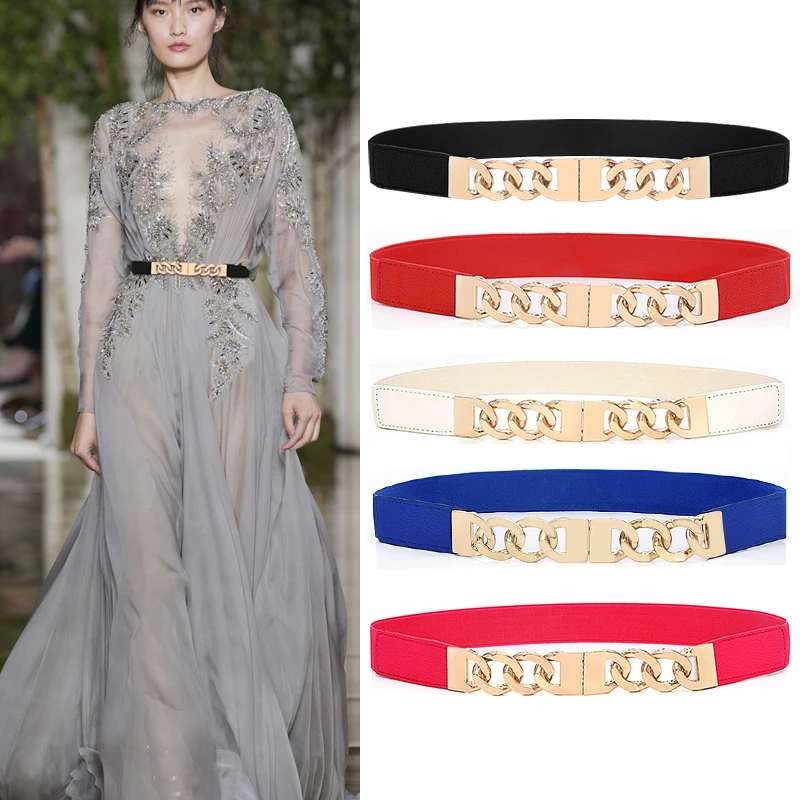 

Women Waist Seal with Gold Chain for Ladies Fashion Dress Coat Sweater Elastic Thin Female Waistband cinturones para mujer
