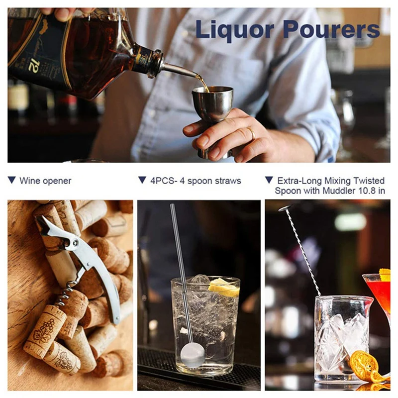 

16 Pcs Cocktail Shaker Set Jigger Mixing Spoon Tong Barware Bartender Tools with Wood Storage Stand Bars Mixed Drinks