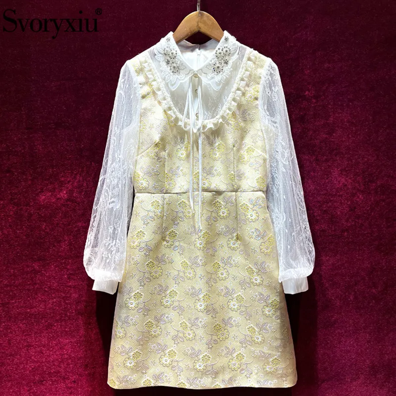 

Svoryxiu Sexy Mesh Transparent Lantern Sleeve Patchwork Flower Print Jacquard Short Dress Women's Designer Summer Dresses