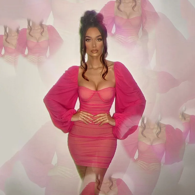 

Night Club Sexy Women Dresses Solid Lace Patchwork Square Neck Long Puff Sleeves Bodycon Mini Lady Dress 2021 Spring Summer