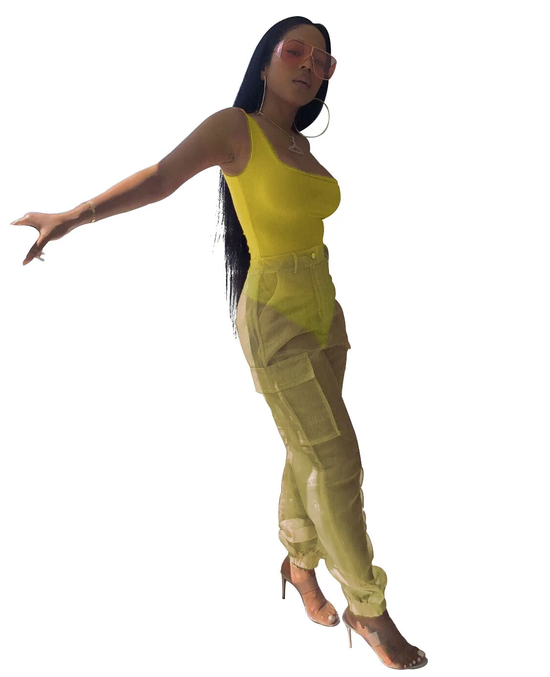 Sexy Bodysuit Top With Organza Pants Two Piece Set Casual Sleeveless Bodycon Jumpsuit Evening Club Party 2 Piece Overalls Sets