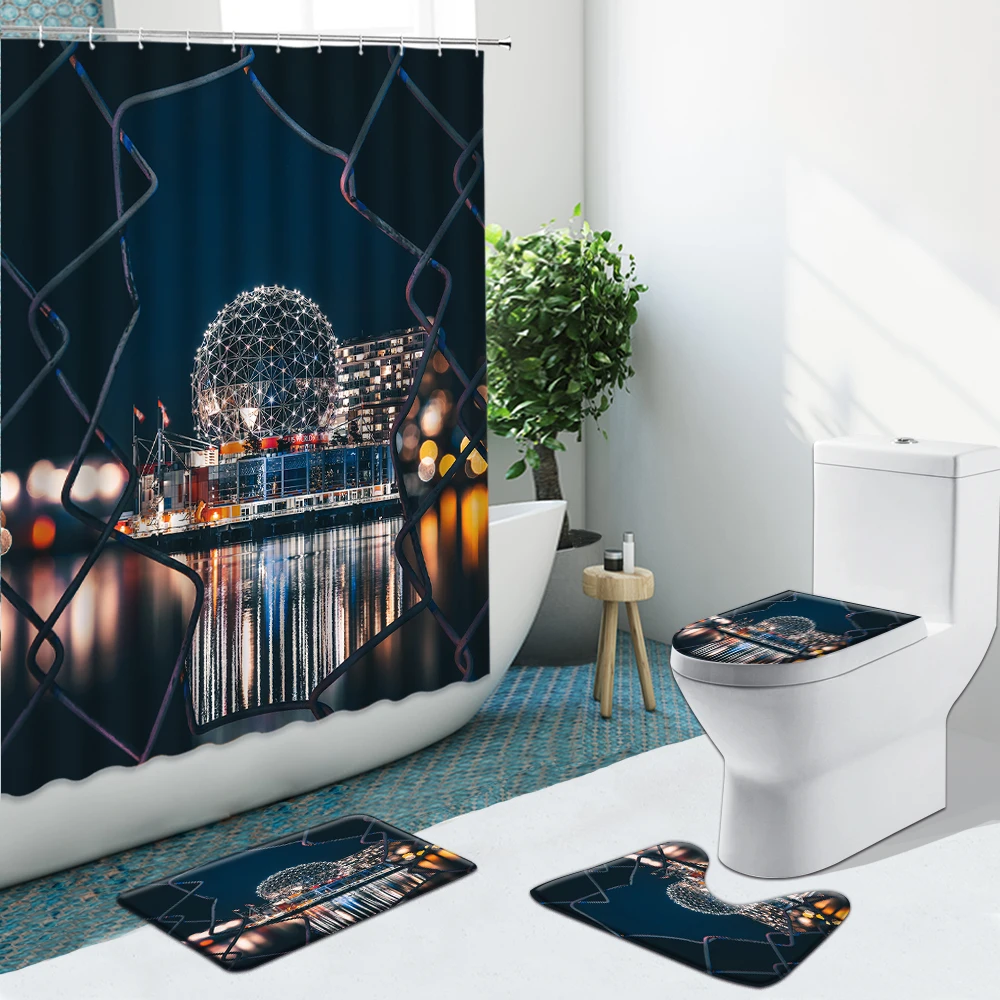 Beste Stad Architectuur Gebouw Night View Badkamer Set Douchegordijn Stof Antislip Tapijten Flanel Wc Tapijt Decor Met Haken