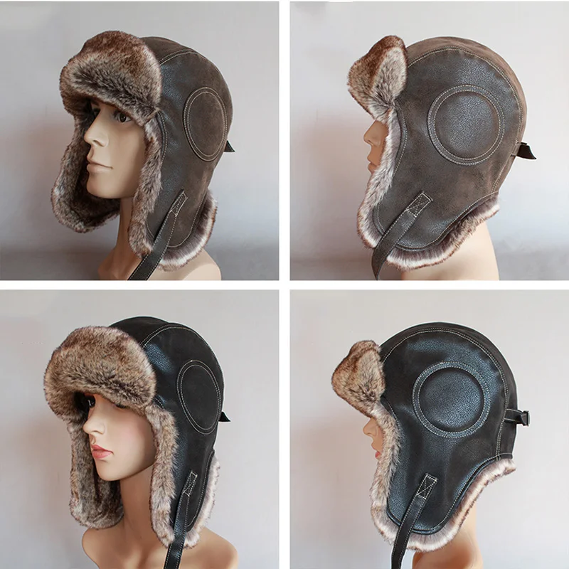 

Winter Ushanka Hat Men Women's Pilot Aviator Bomber Trapper Hat Faux Fur Leather Snow Cap with Ear Flaps