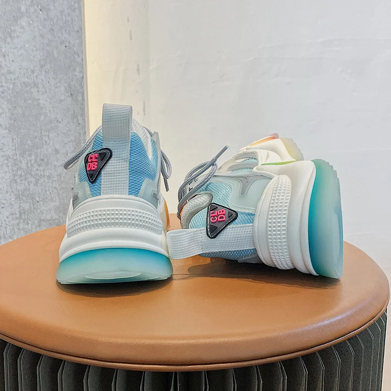 

Rainbow Chunky Sneakers Women Round Toe Lace-Up Mixed Colors platform Lady Casual Shoes Handmade wedges shoes ladies
