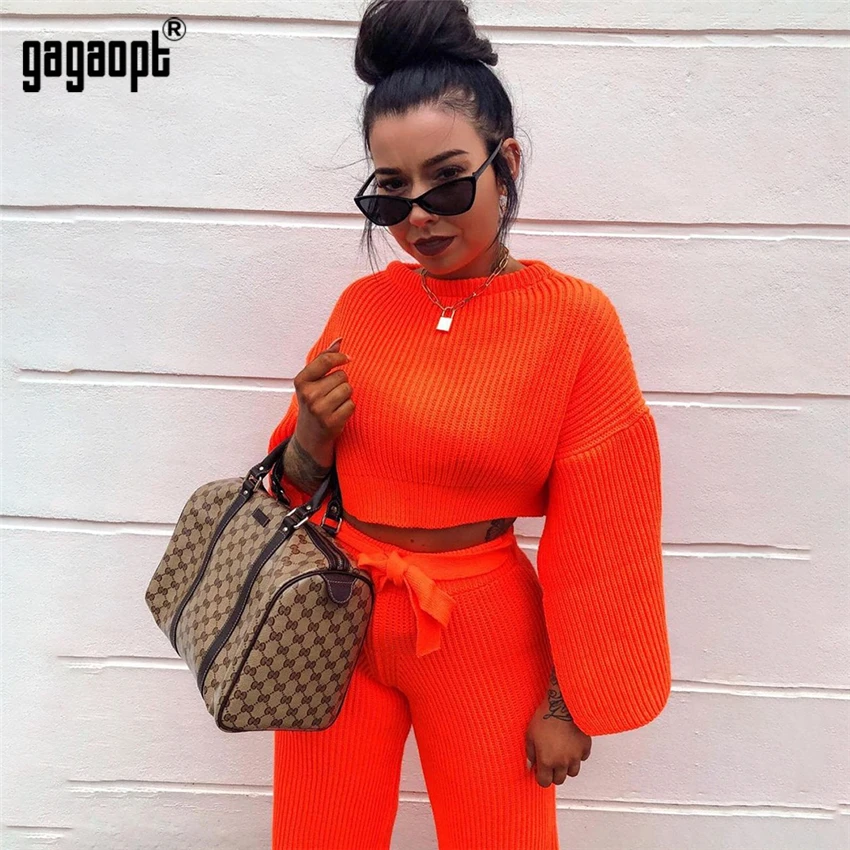 Gagaopt трикотажная Женский комплект 2 шт. с расклешенными длинными рукавами