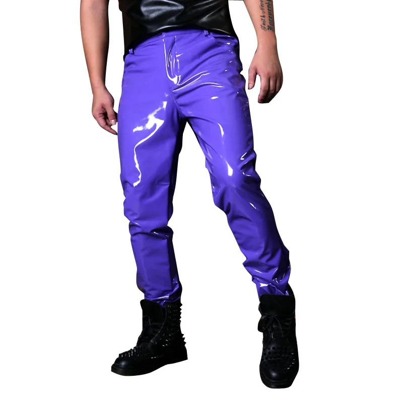 

Men Elasticity Patent Leather Pant Male Fashion Show Singer Dancer Streetwear Hip Hop Slim Fit Pants Stage Costumes Clothing