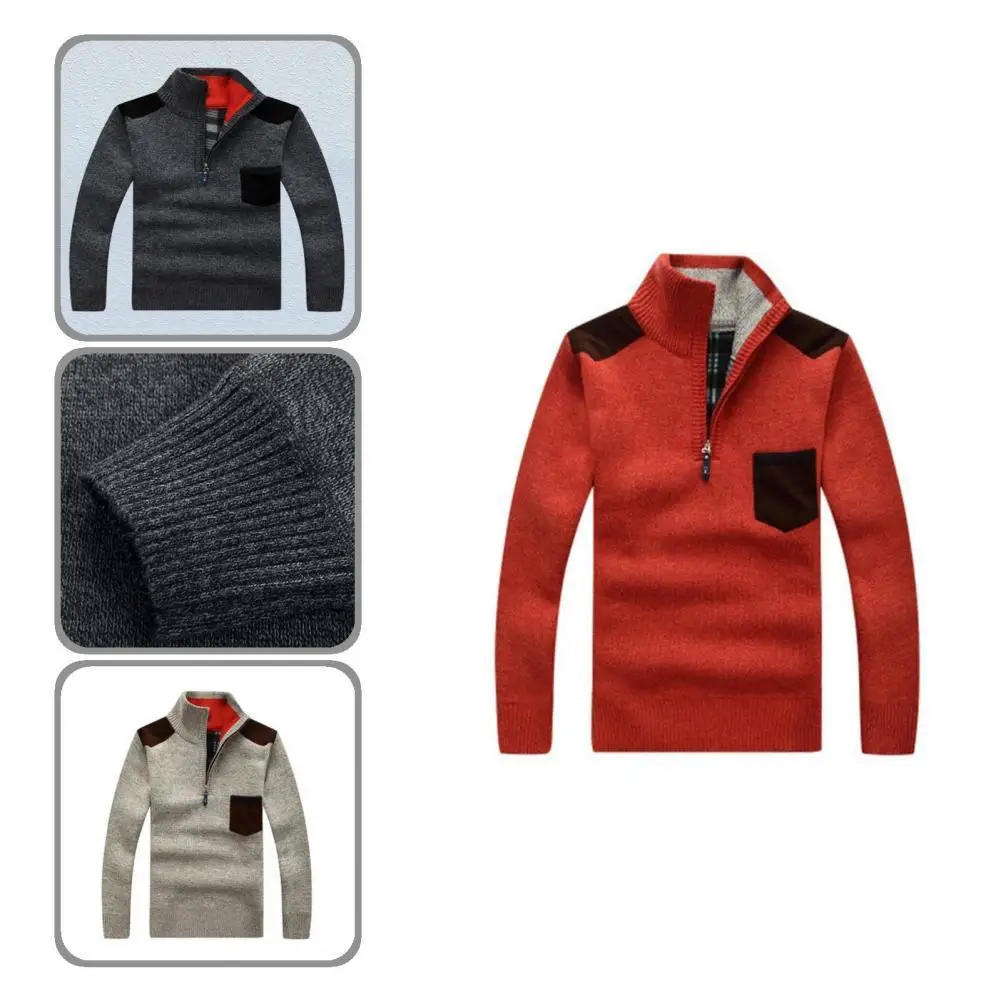 

Autumn Sweater Stand Collar Contrast Colors Pockets Leisure Men Sweater Men Sweater for Work