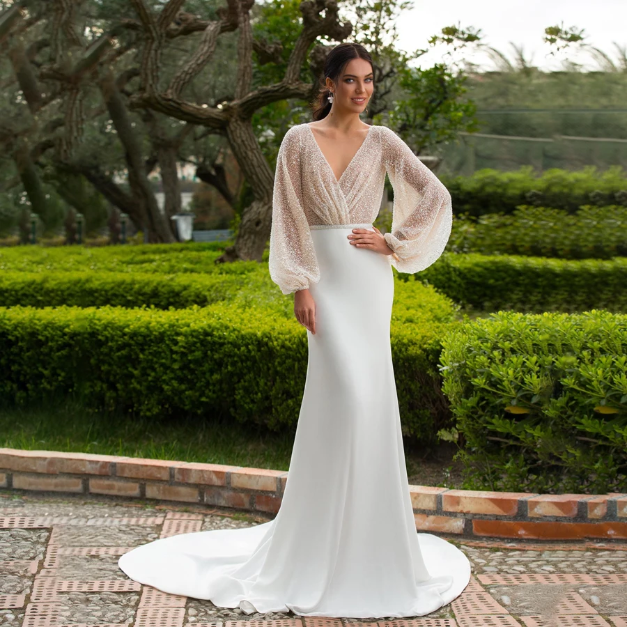 

Deep V-neck Bling Bling Sequins Puffy Long Sleeves Wedding Dress Open Back Mermaid Elastic Bridal Dress vestidos de casamento