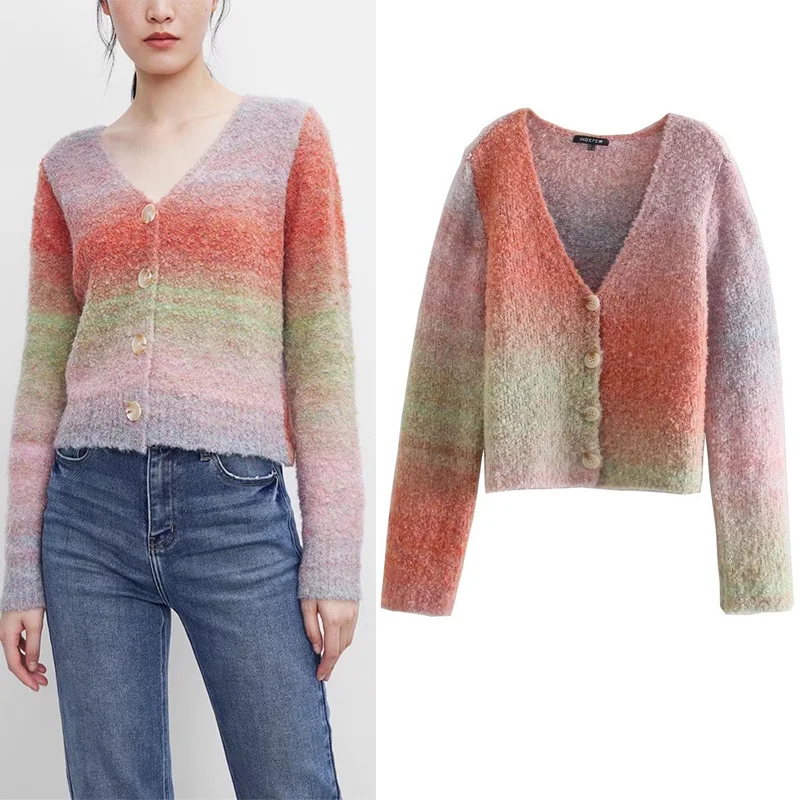 

Za Woman's Multicolor Knitting Sweater Coat Fashion V-neck Chic Buttons Cardigan Tops Vintage Street Thick Warm Female Sweater