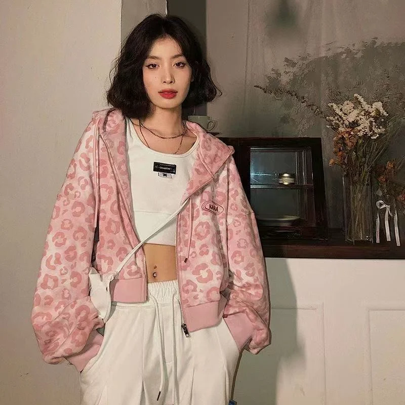 

Женский короткий свитшот на молнии, с леопардовым принтом