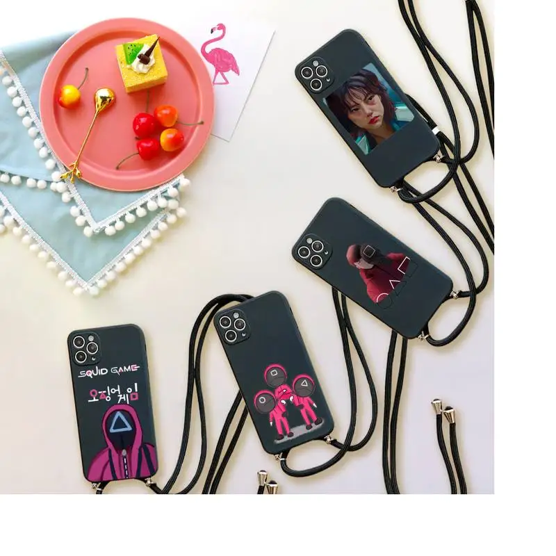 

Squid Game Round Six Phone Case For iPhone 7 8 11 12 X XS XR MINI Pro Max Plus Strap Cord Chain Lanyard soft Round Six 456
