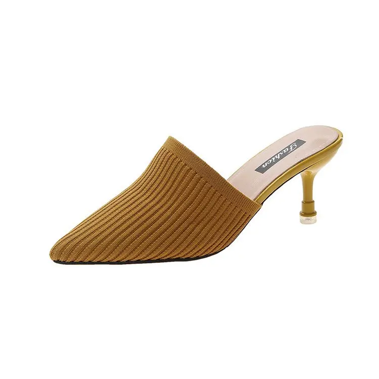 

Shoes Cover Toe Slippers Women Summer Pantofle Thin Heels Heeled Mules Flock Slides Med 2021 High Basic Rubber Rome Cotton